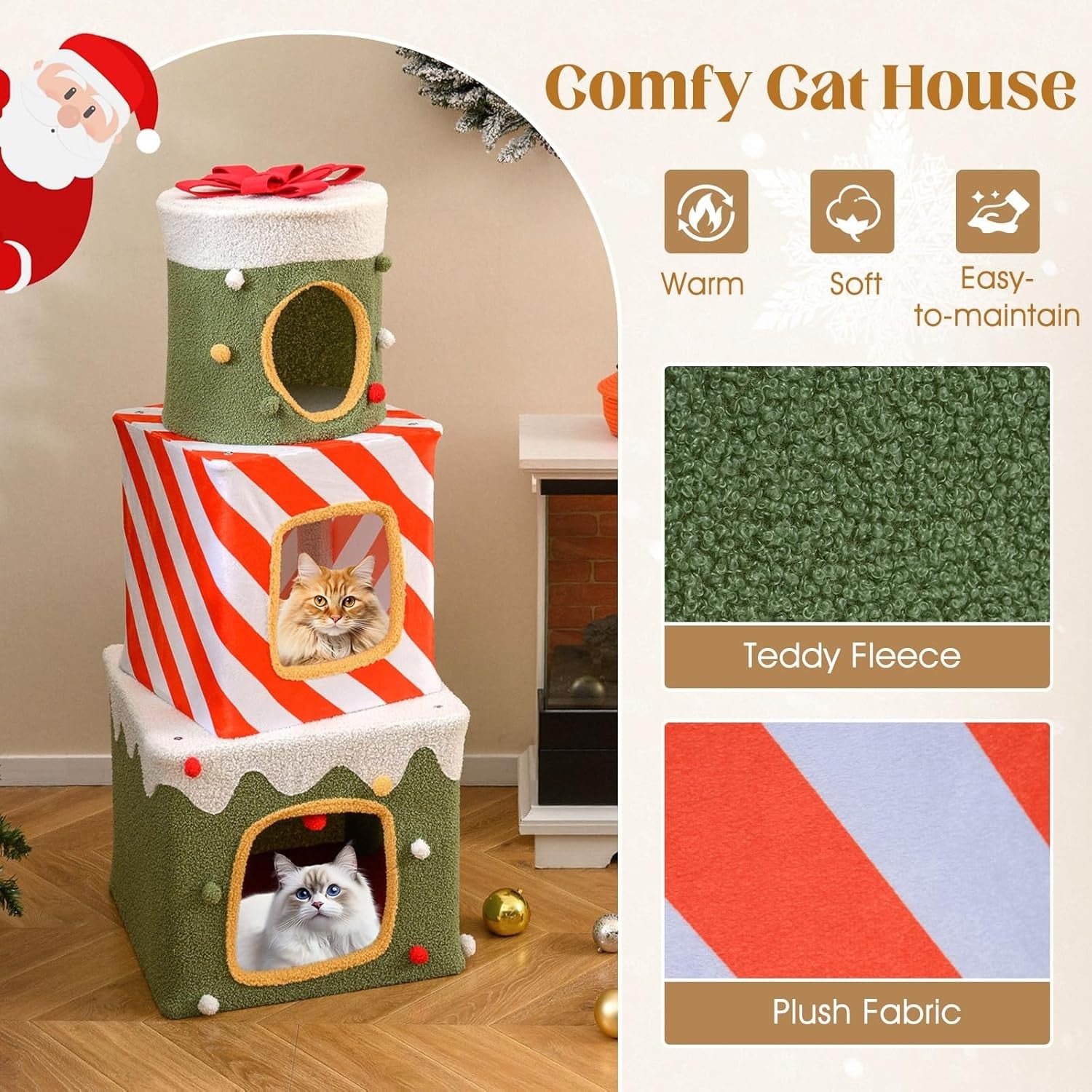 3 Tier Stackable Cat House Condo Green Red White Plush Indoor Cat Hideaway