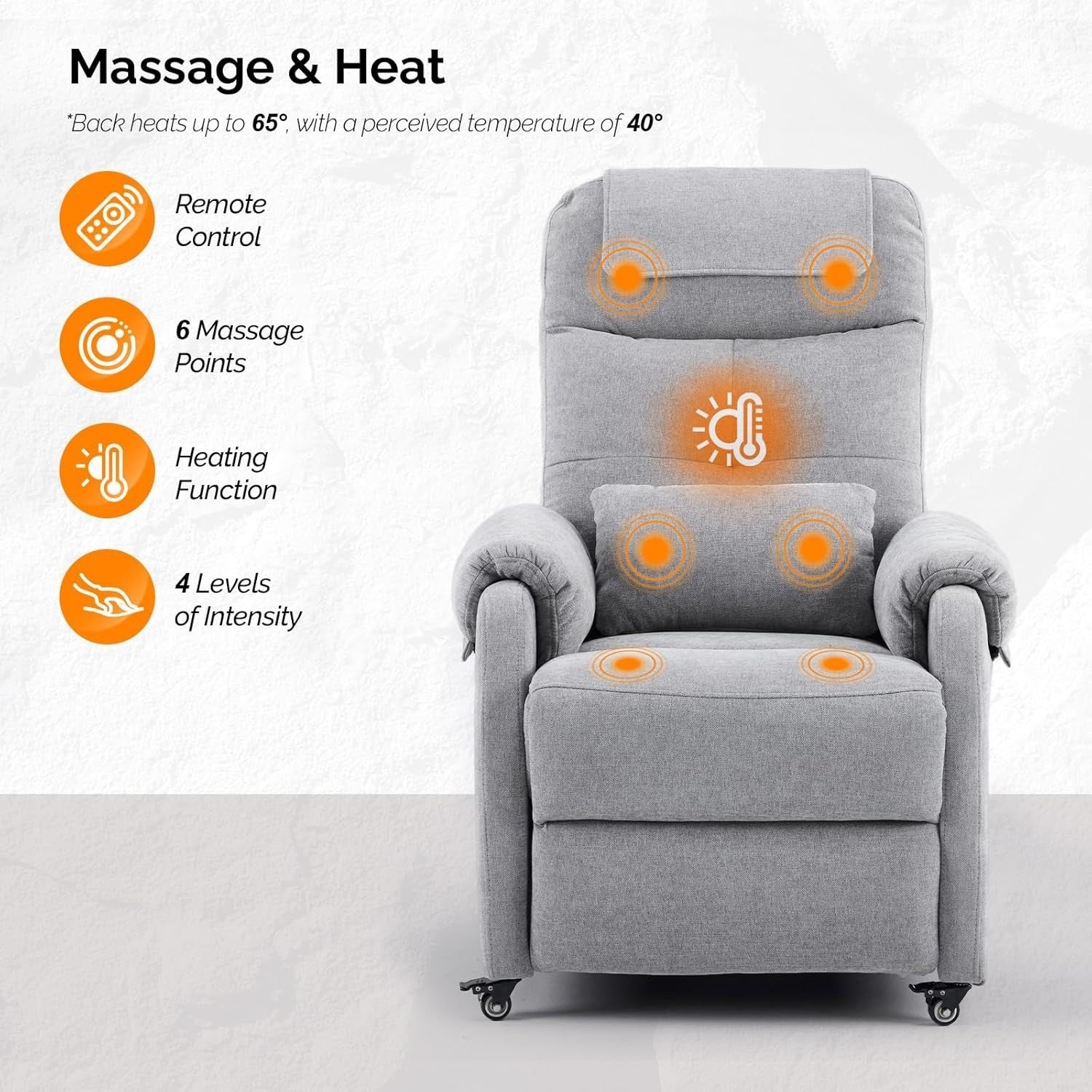 Recliner Chair w/ Wheels Electric Massage Heat High Back Footrest Fabric Grey