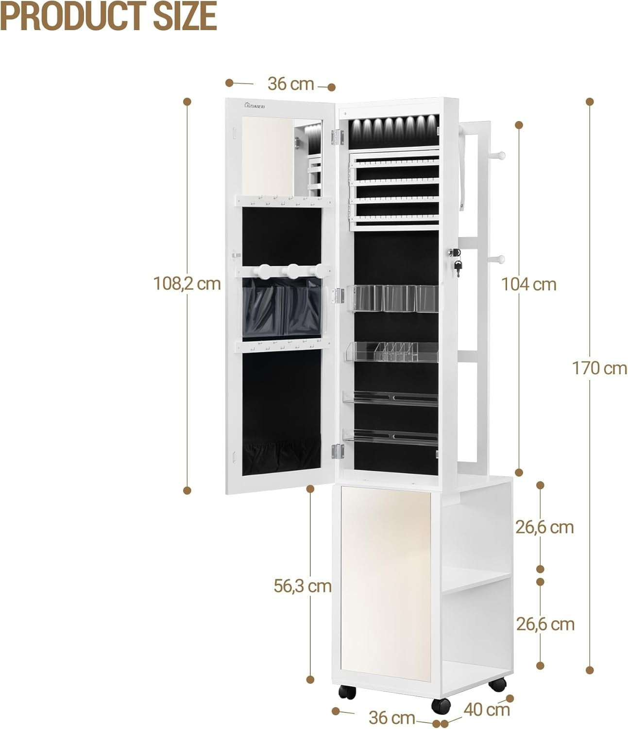 White & Black LED Jewelry Cabinet Mirror Lockable Rolling Storage Rack