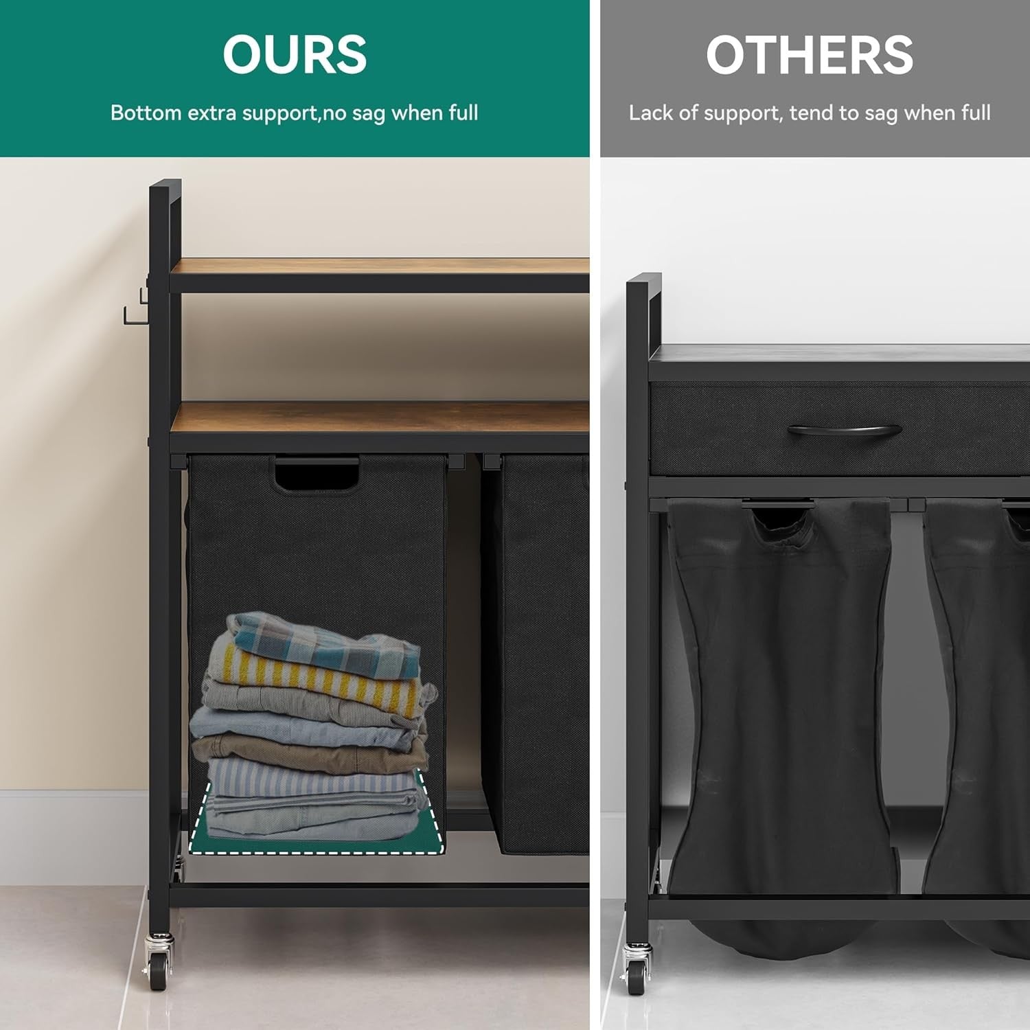 Freestanding Laundry Sorter with Shelves & Wheels | 2 Pull-Out Bags | 71cm Wide