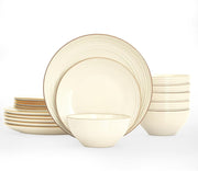 18pc Stoneware Dinner Set Cream White Gold Rim Plates Bowls Dishwasher Safe