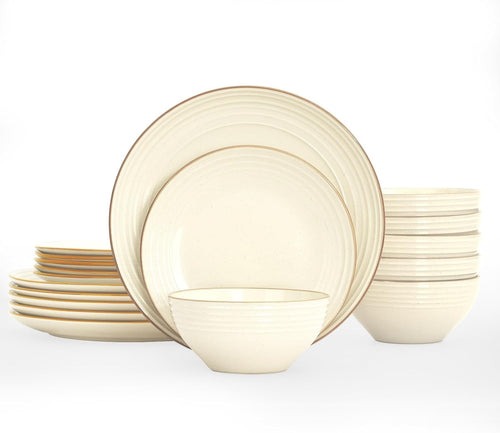 18pc Stoneware Dinner Set Cream White Gold Rim Plates Bowls Dishwasher Safe