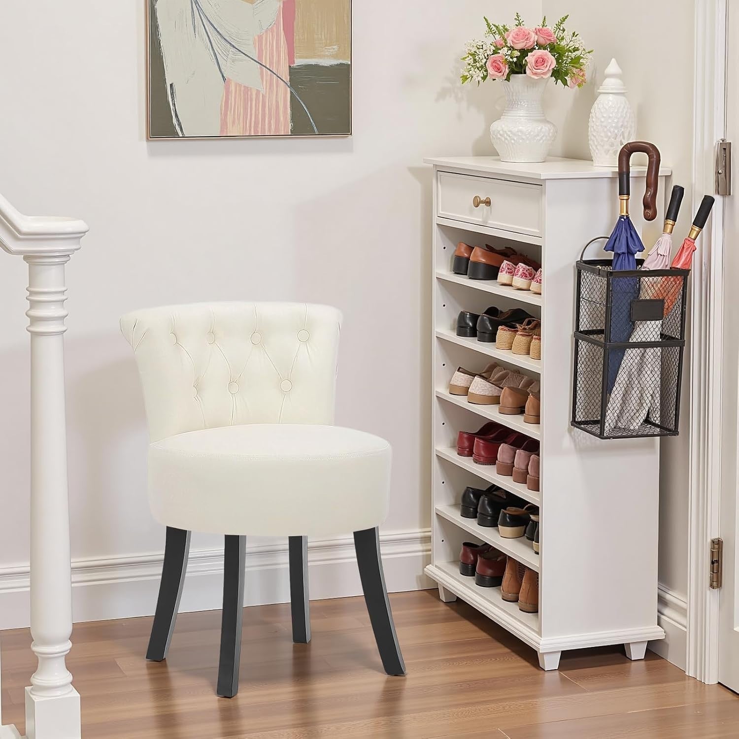 Beige Linen Vanity Chair with Tufted Back & Solid Wood Legs – Comfy Makeup Stool