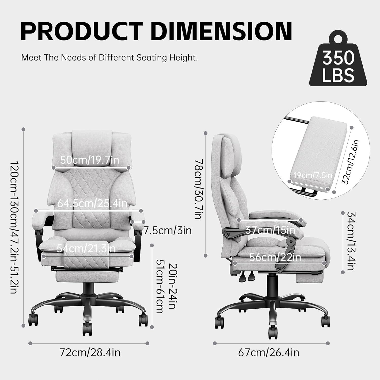 Ergonomic Office Chair Recliner w/ Footrest Wide Seat Memory Foam Light Grey