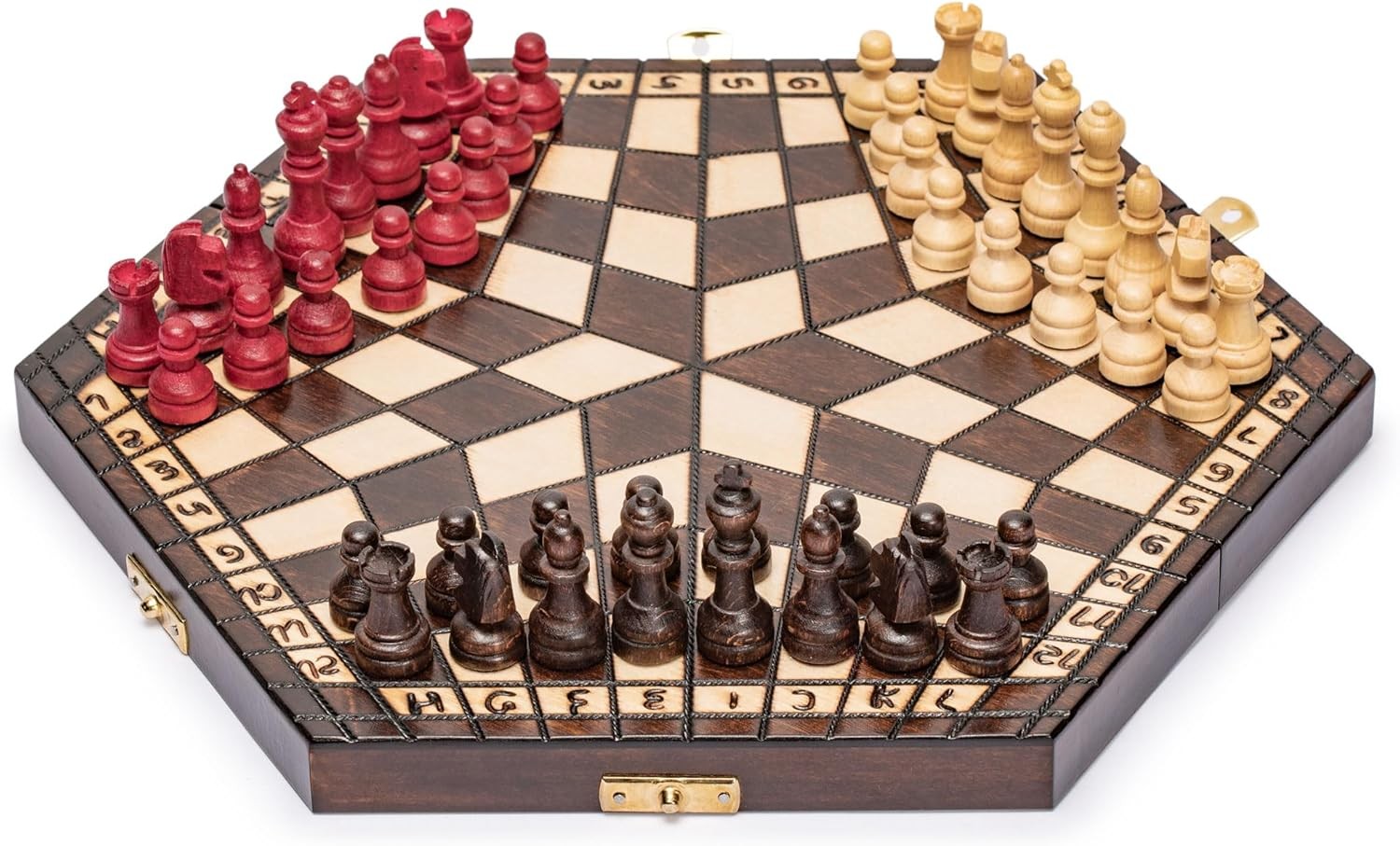 Luxury 3-Player Wooden Chess Set 32cm Hexagonal Board Handcrafted Pieces