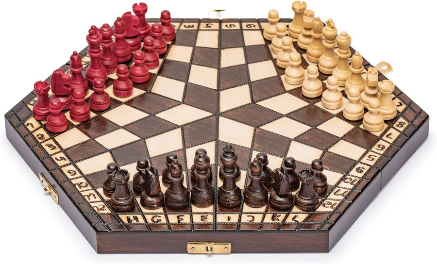 Luxury 3-Player Wooden Chess Set 32cm Hexagonal Board Handcrafted Pieces