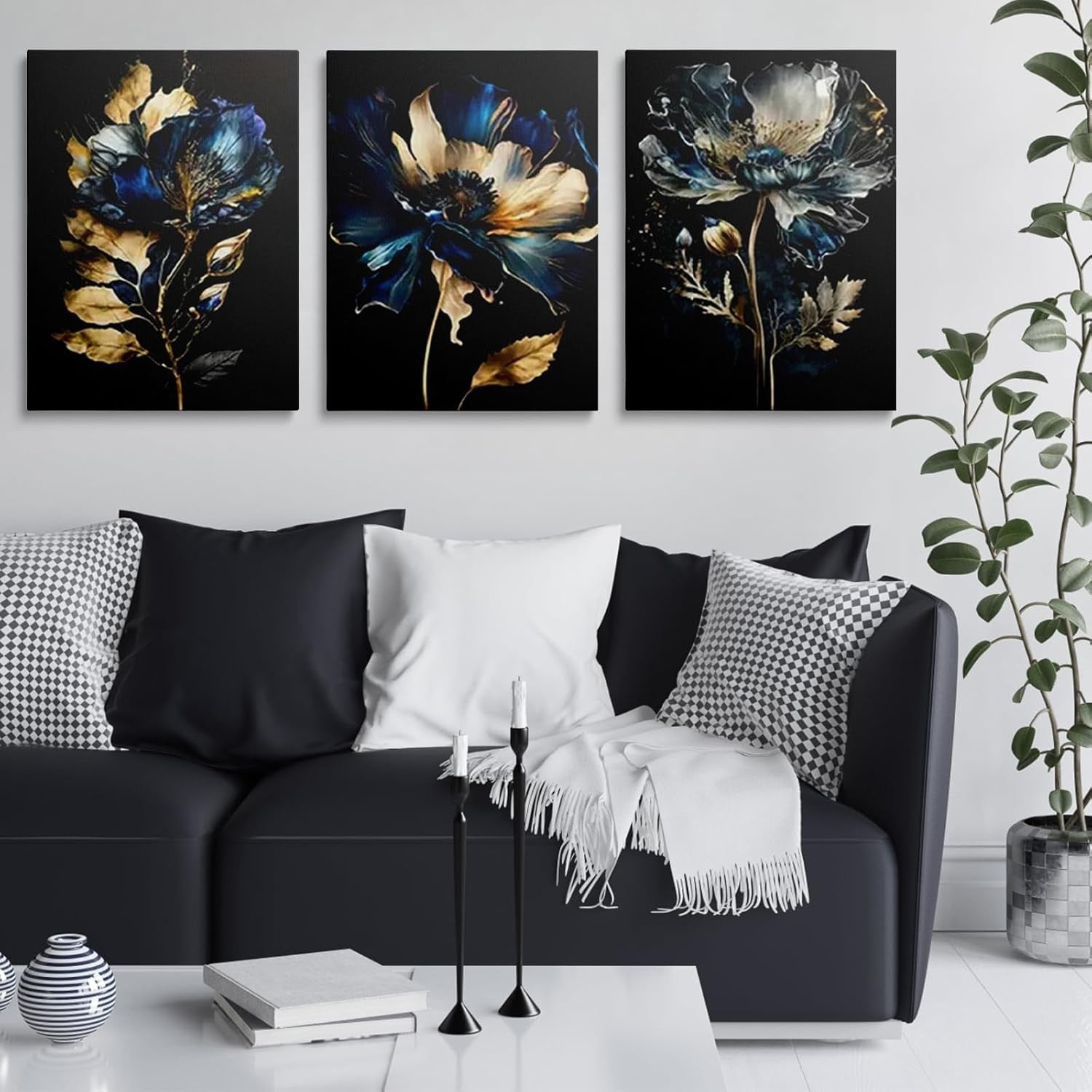 Blue Gold Floral Wall Art Set of 3 Framed Canvas 12x16in