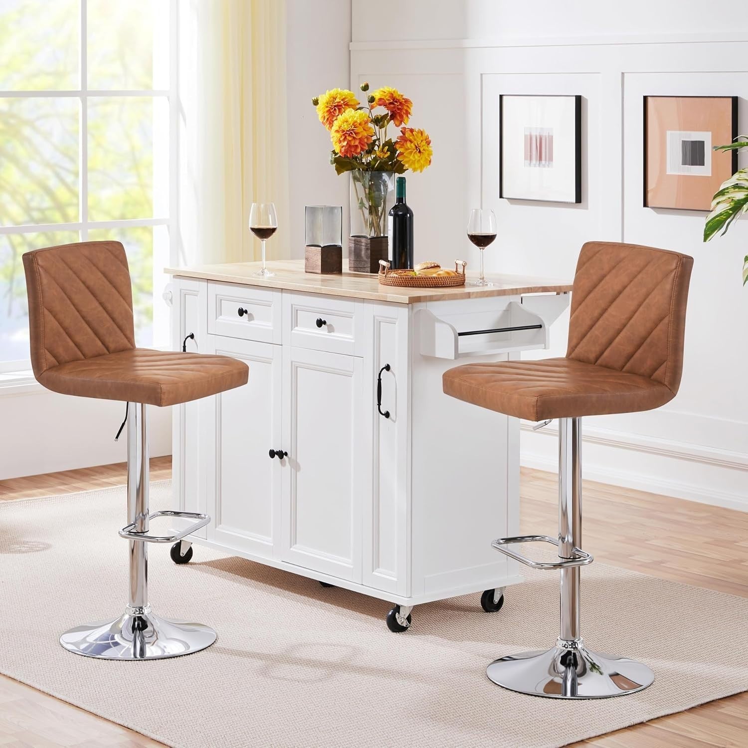 Retro Brown Adjustable Swivel Bar Stools Set of 2 Faux Leather Chairs