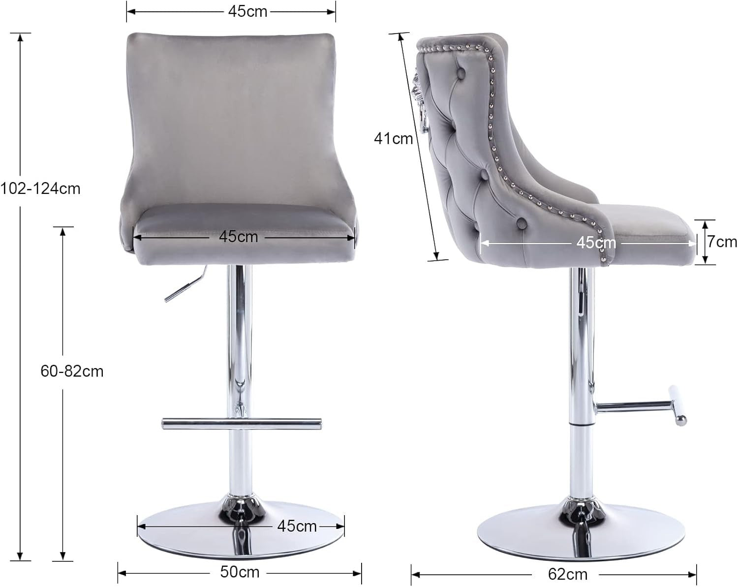 Luxury Velvet Bar Stools Set of 2 – Adjustable Swivel, Lion Accent, Grey