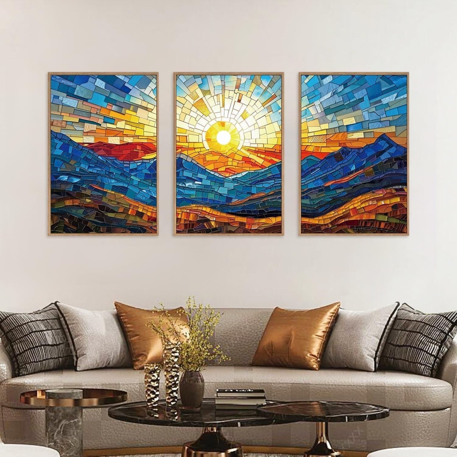 Colorful Abstract Mountain Framed Canvas Wall Art Set 3 Modern Boho Decor