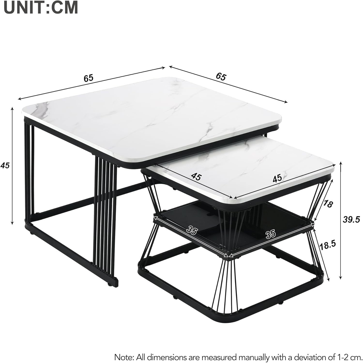 2-in-1 Nesting Coffee Tables, Square Marble White Top, Metal Frame, Space-Saving