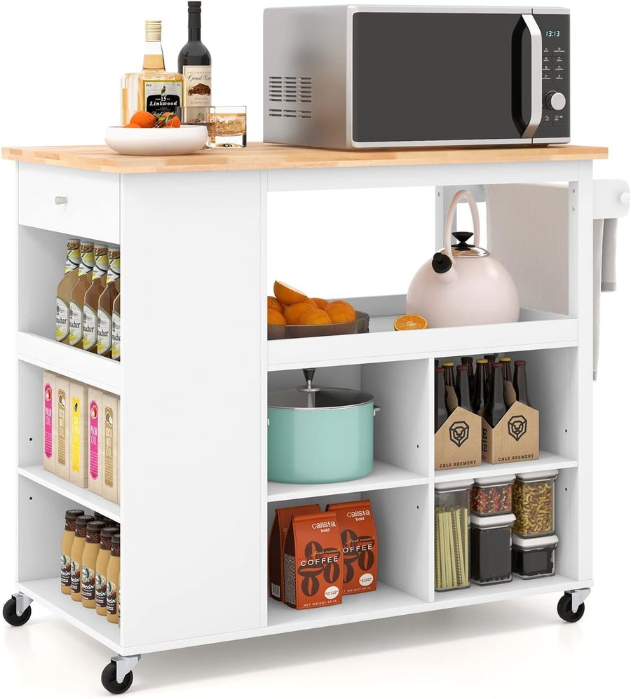 Rolling Kitchen Island Cart with Adjustable Shelves, Drawer & Rubberwood Worktop