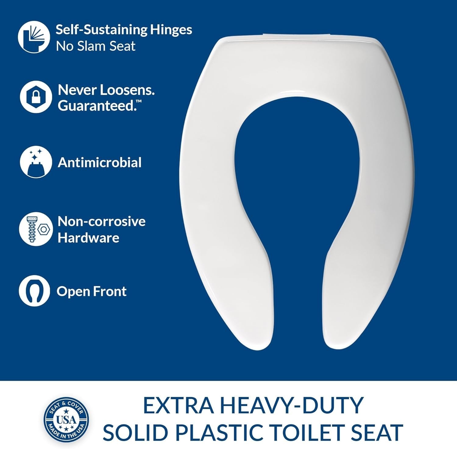 White Elongated Toilet Seat No-Slam Self-Sustaining Commercial