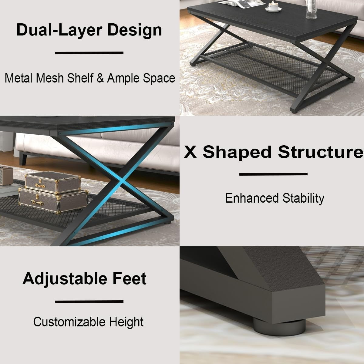 Modern Black Coffee Table with Shelf, 2-Tier Metal Frame, 100x60cm
