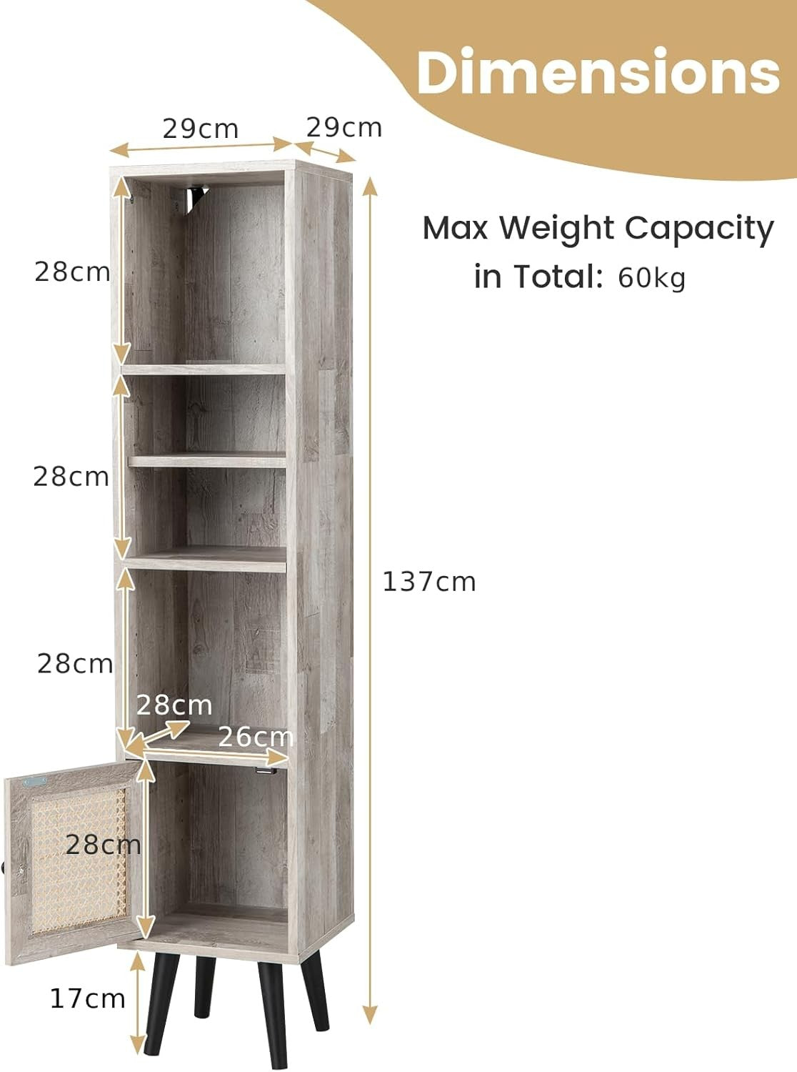Slim Tall Grey Bookcase with Cabinet 6-Tier Adjustable Shelves for Home Office