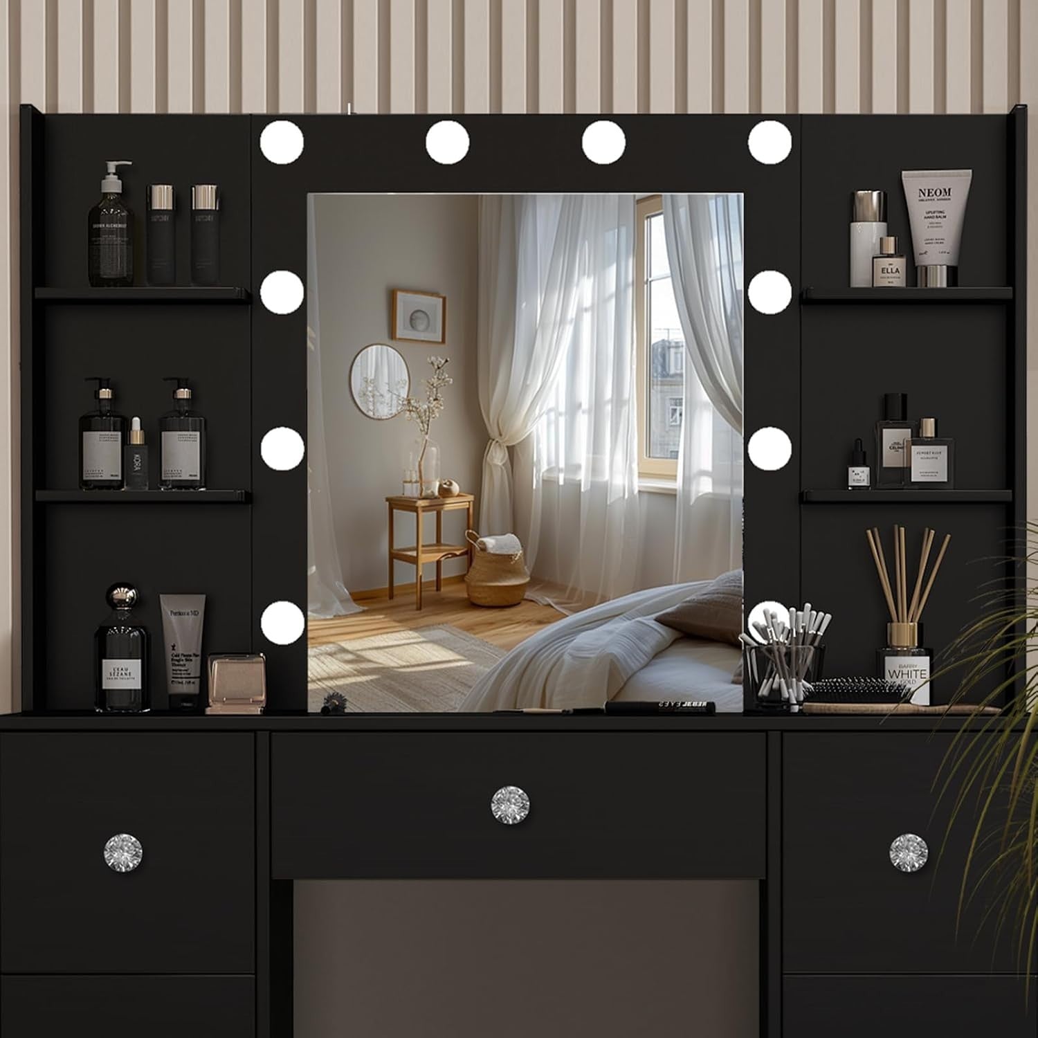 Makeup Vanity Table Set w/ 3-Color LED Lights, 12 Storage Spaces & Padded Stool