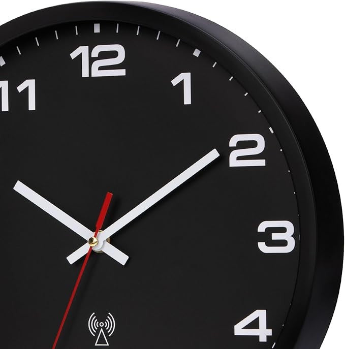 25cm Radio Controlled Wall Clock Silent Easy Read Modern Black Quartz Battery