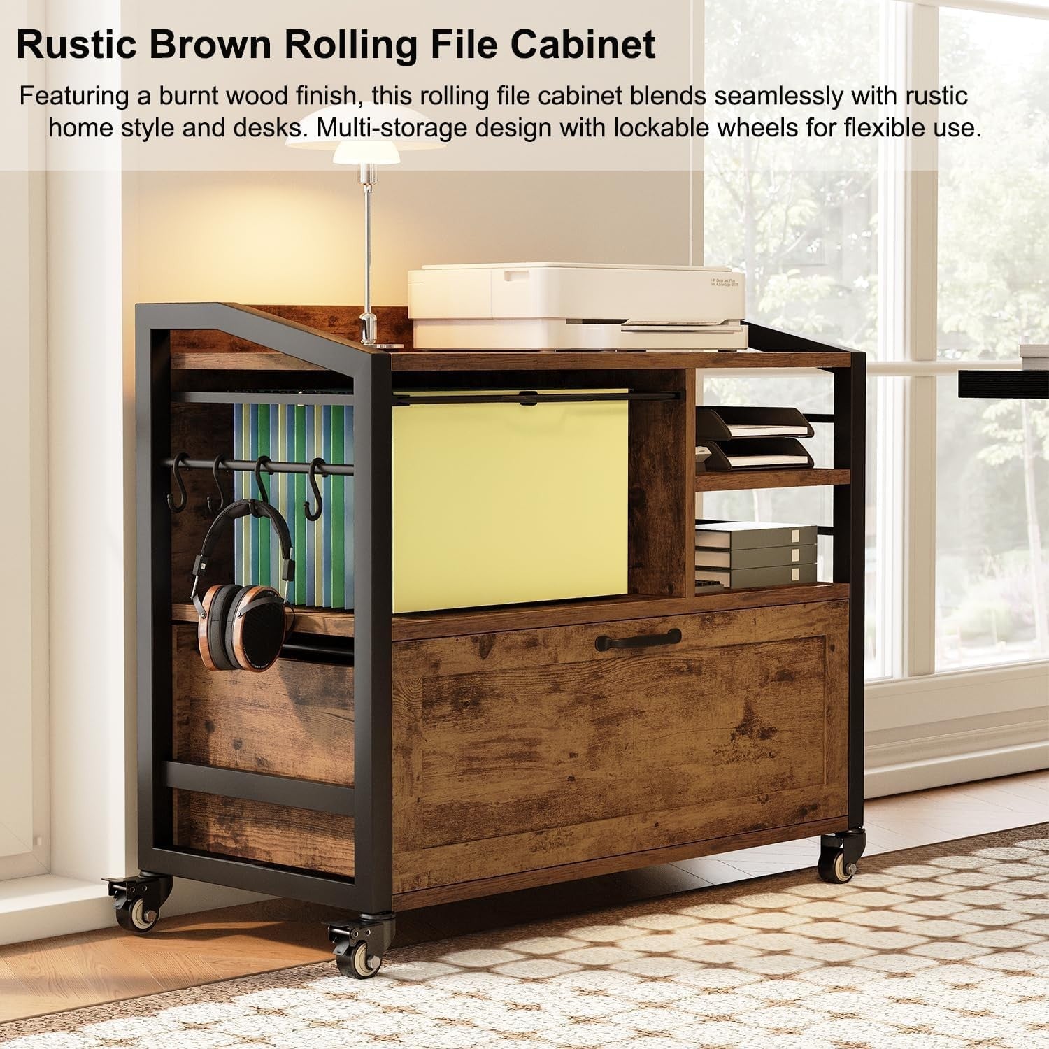 Rustic Brown Rolling Lateral File Cabinet Printer Stand Legal Letter