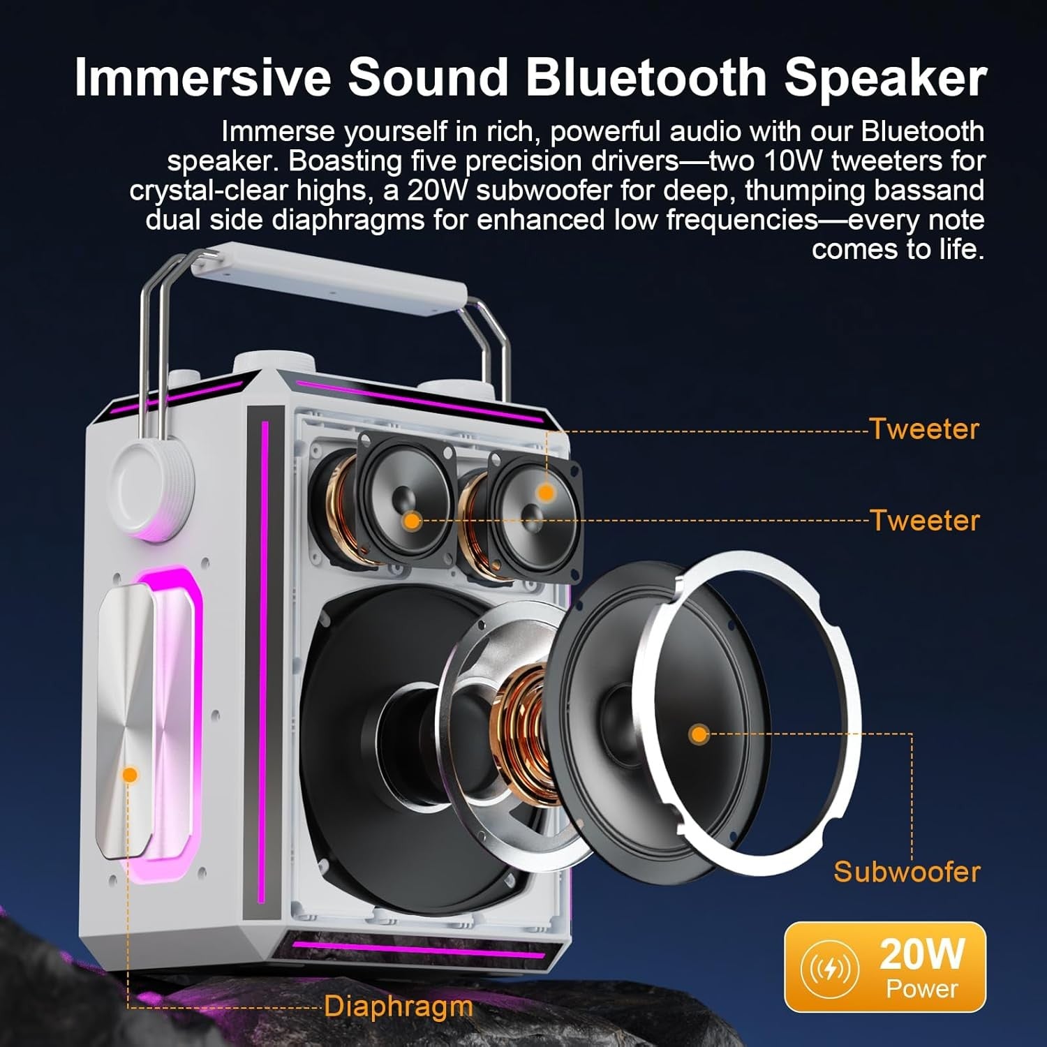 White Bluetooth Karaoke Speaker with 2 Wireless Mics RGB Party