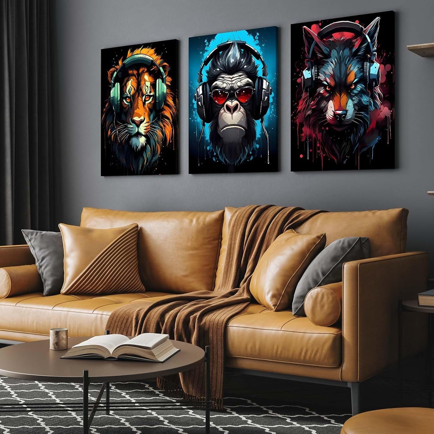 Set of 3 Music Animal Canvas Wall Art 12x16 Framed Lion Gorilla Wolf