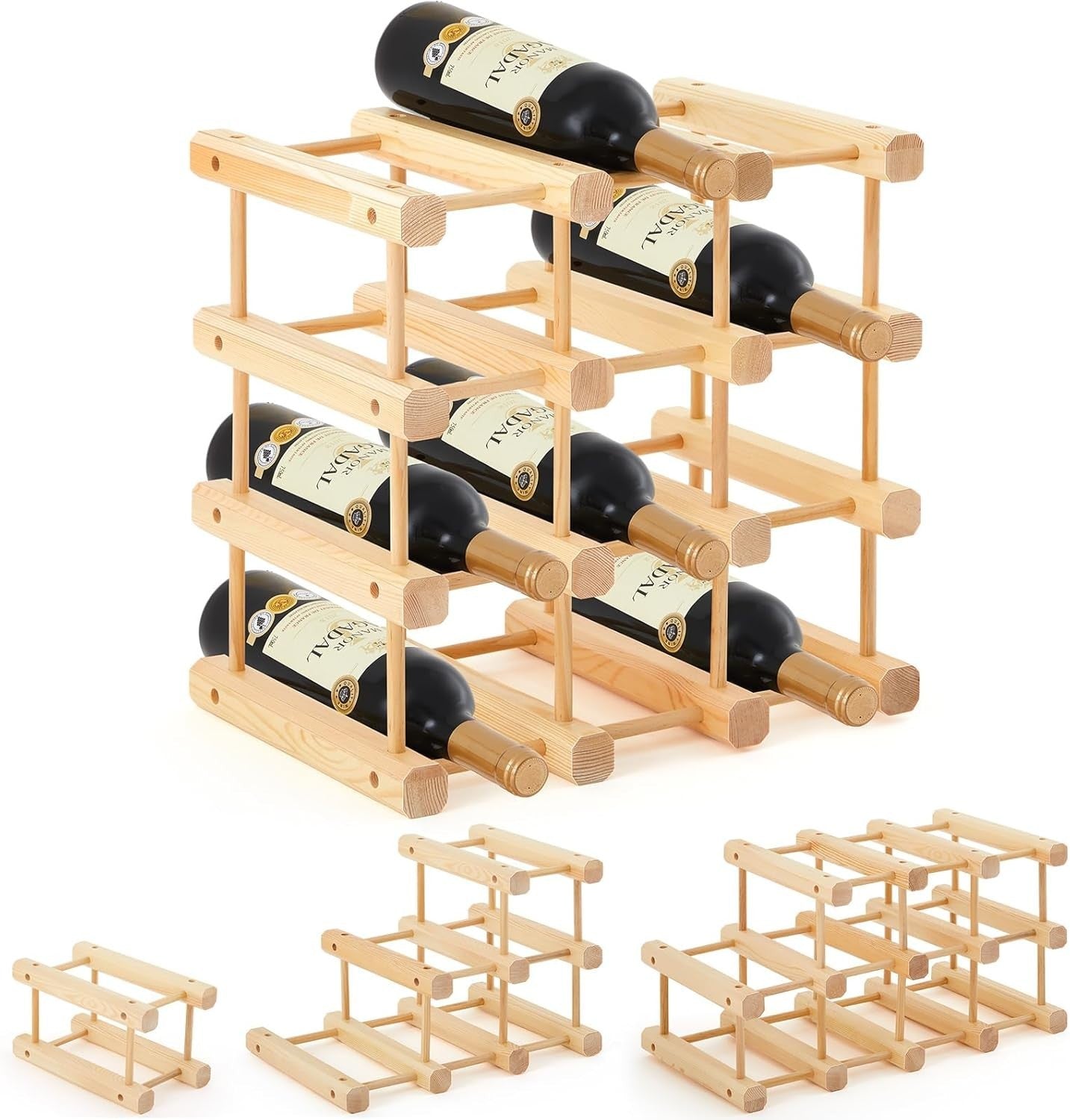 Stackable Wooden Wine Rack 12 Bottle Holder | Modular Countertop Storage Stand