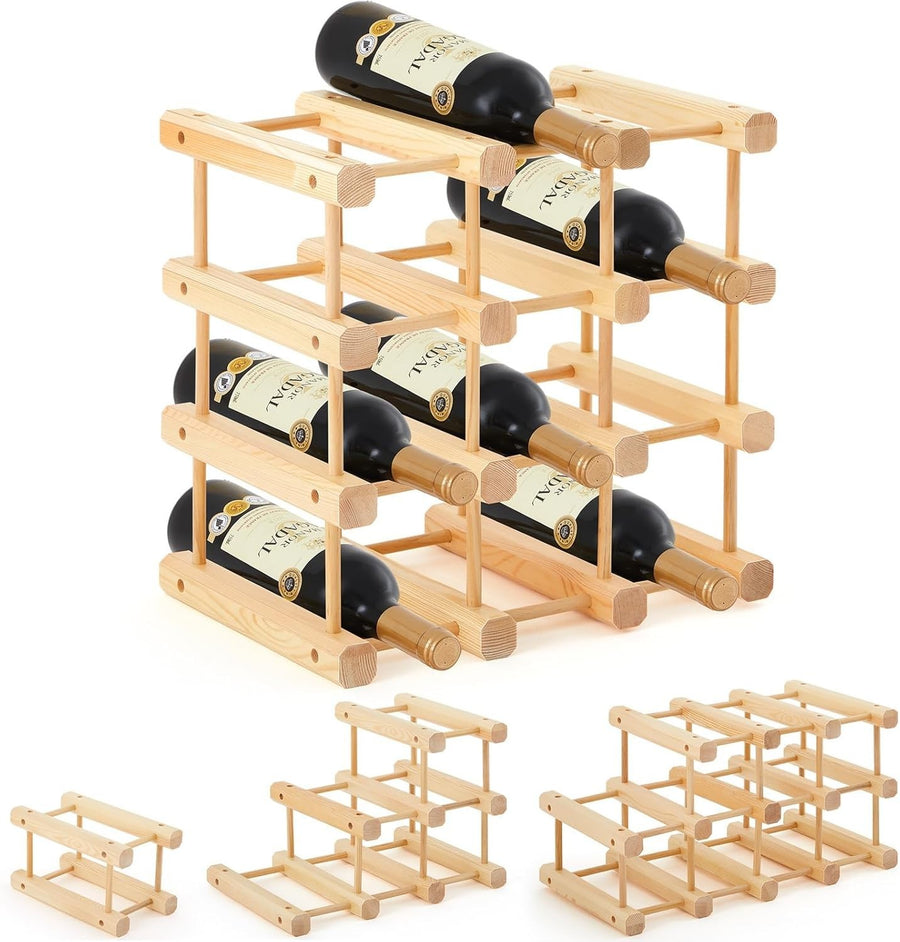 Stackable Wooden Wine Rack 12 Bottle Holder | Modular Countertop Storage Stand