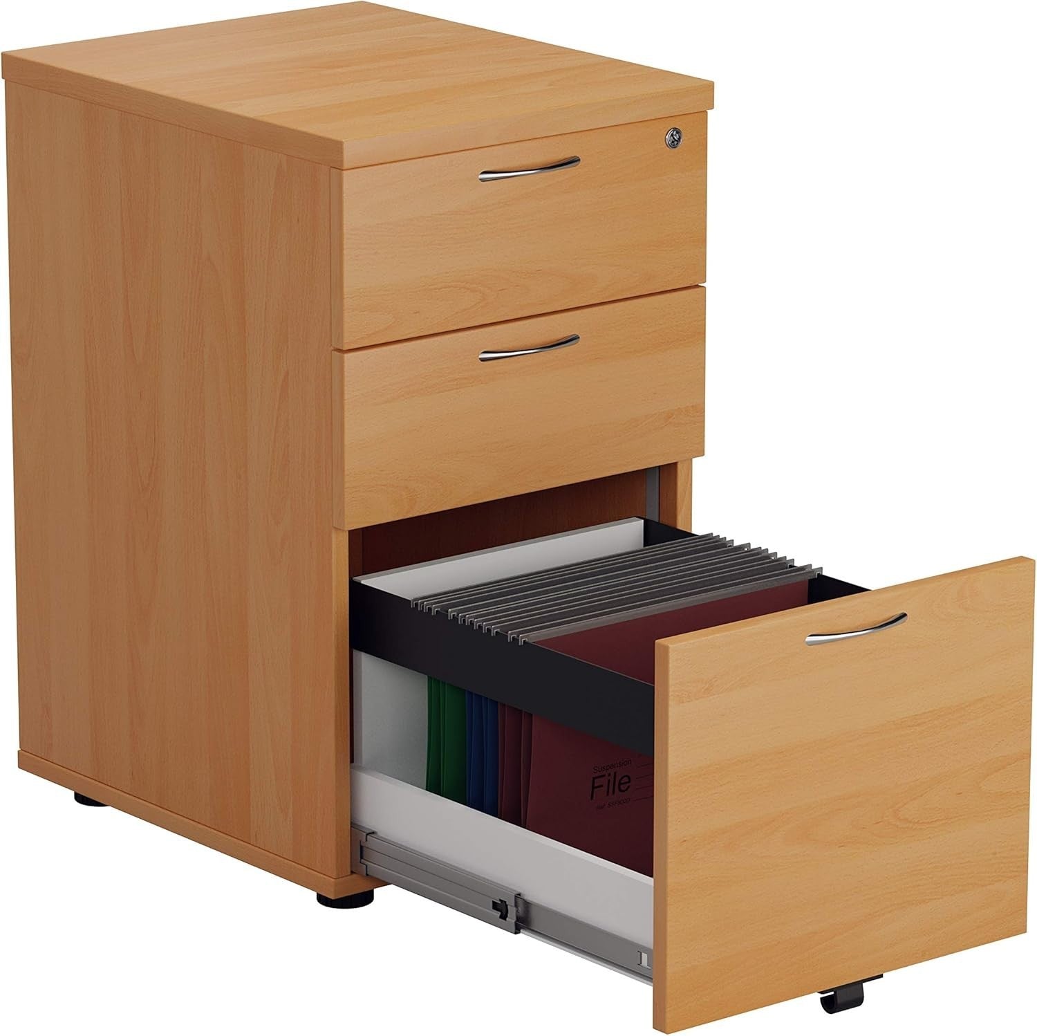 Beech Under Desk Filing Cabinet 3 Drawer Lockable A4 Foolscap