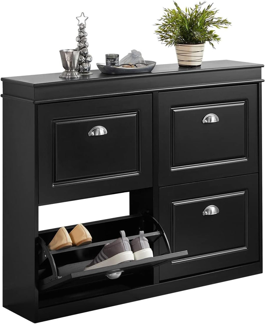 Slim Black Shoe Rack Cabinet with 4 Flip Drawers – Lockable Storage 105x24x82cm