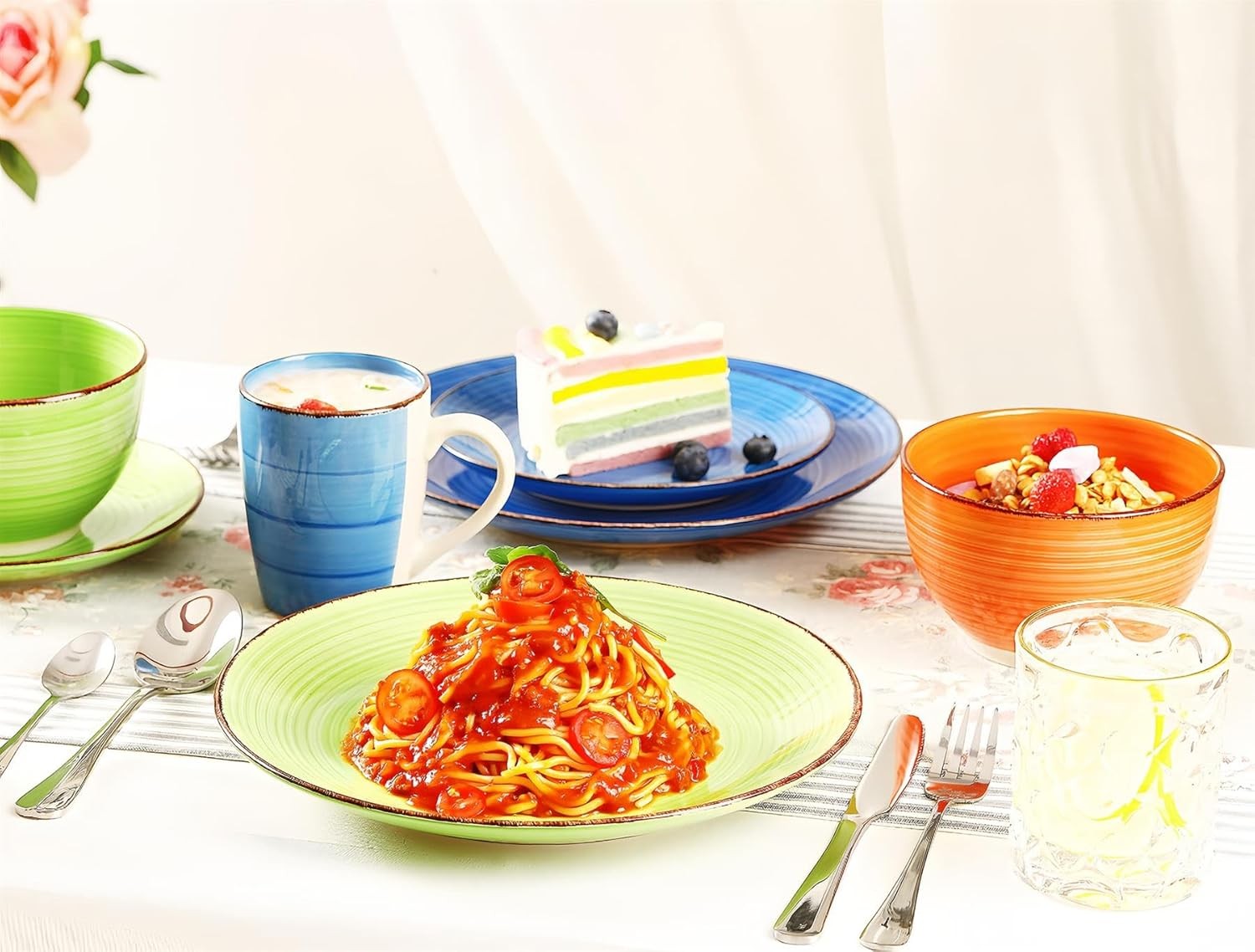 12pc Colourful Dinner Set Plates Bowls Hand Painted Stoneware Dishwasher Safe