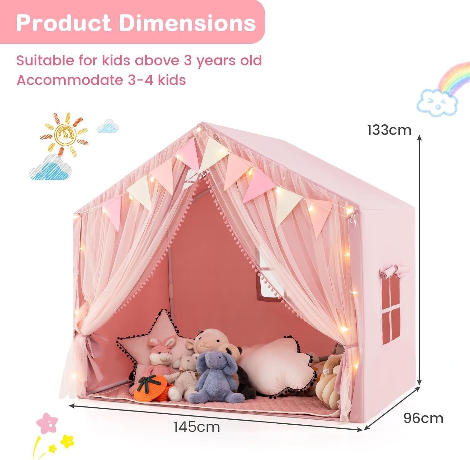 Large Kids Play Tent Castle Indoor w Star Lights Mat Windows Girls Boys