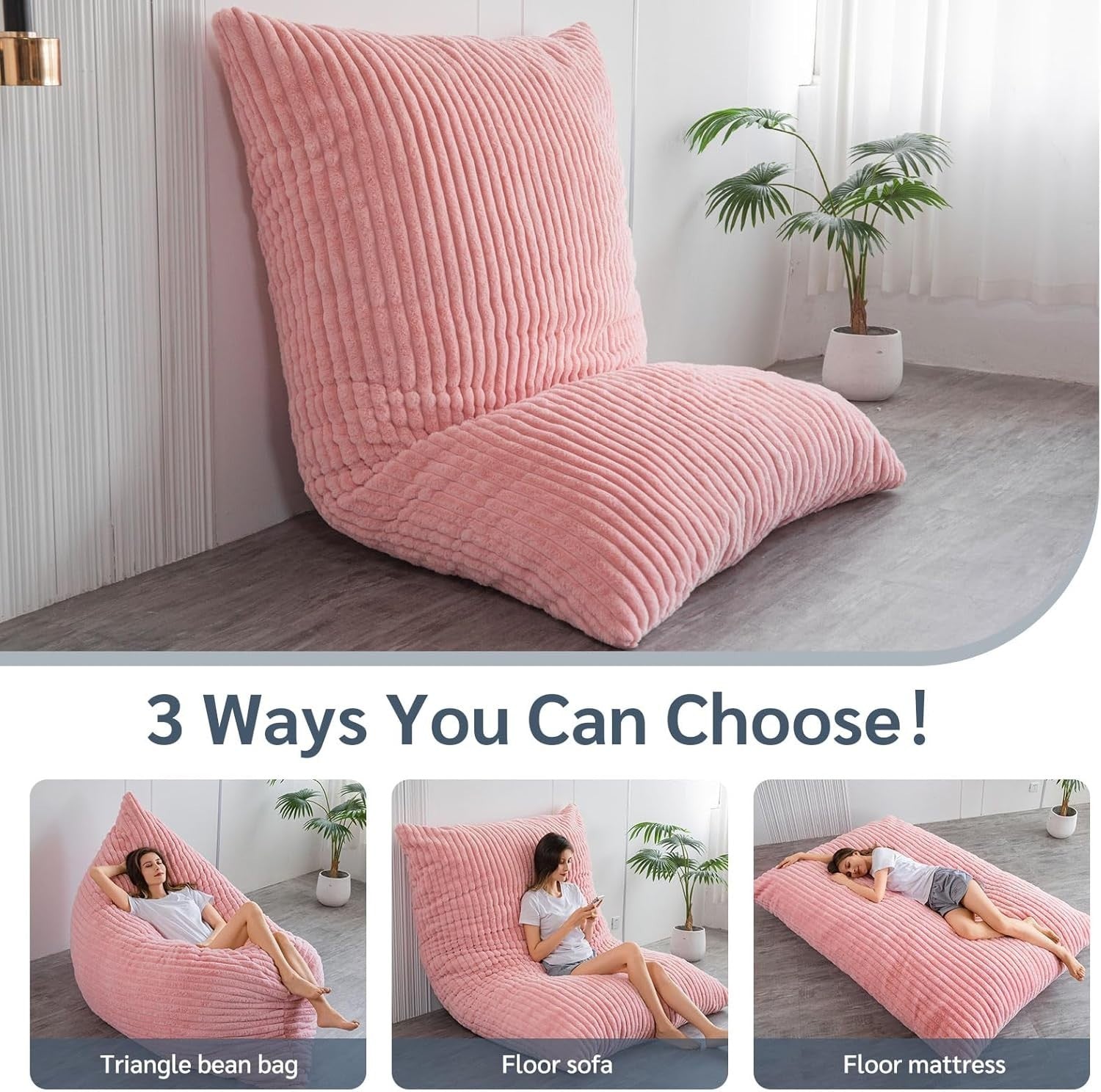 Pink Faux Fur Bean Bag Sofa Bed 150x200cm | Large Floor Chair Adults