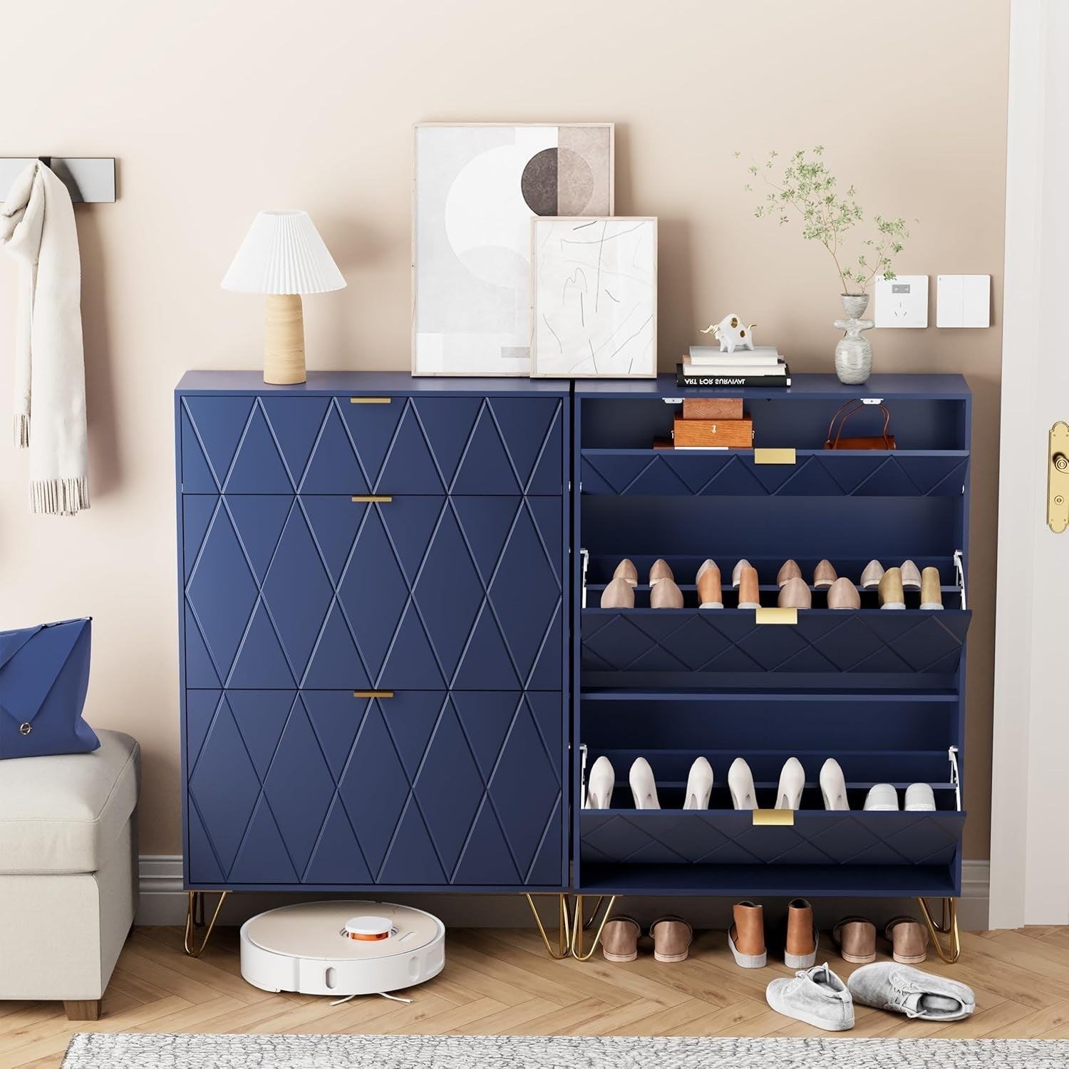 Navy Blue Tilting Shoe Cabinet 3 Compartments Hidden Shelf Storage 80x24x120cm