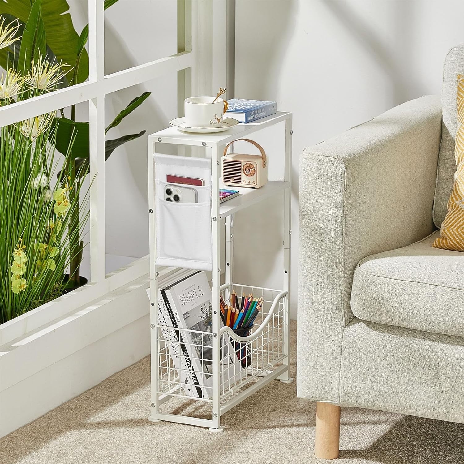 White 3-Tier Narrow Side Table 30x30x50 cm | Slim End Table w/ Storage