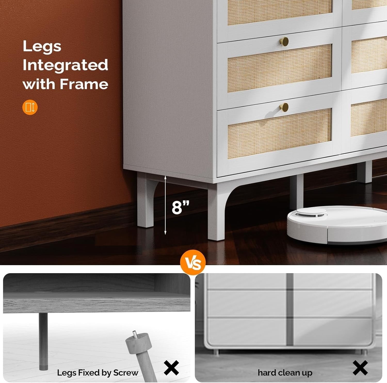 White 6 Drawer Rattan Chest – Sturdy Storage Cabinet for Bedroom & Living Room