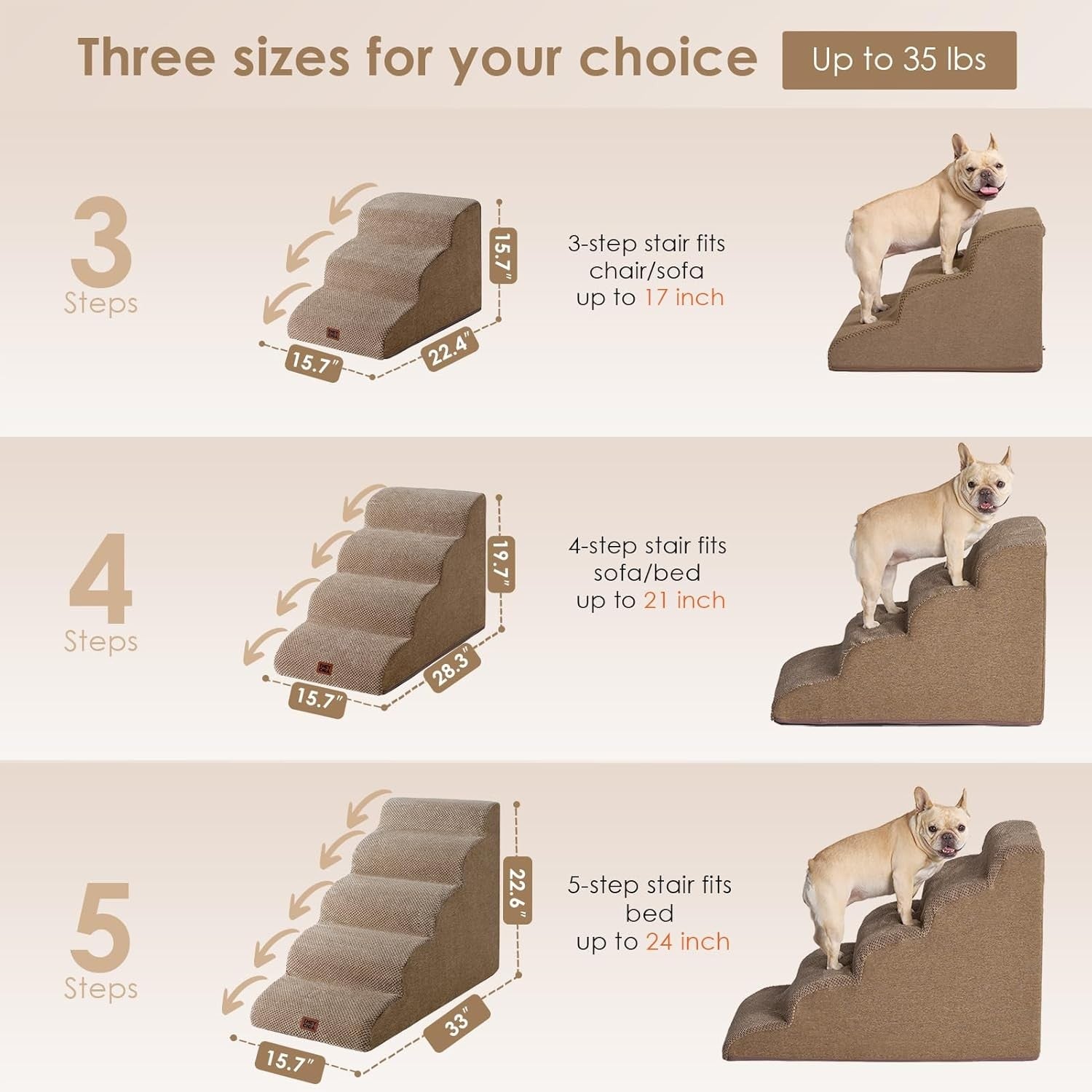 4 Step Dog Stairs for High Bed Non Slip Foam Pet Steps Washable Camel