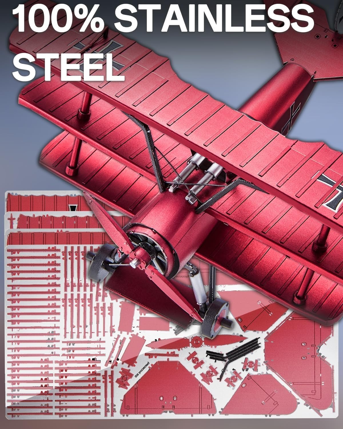 3D Metal Red Triplane Puzzle for Adults – Stainless Steel, No Glue, 162 Pieces