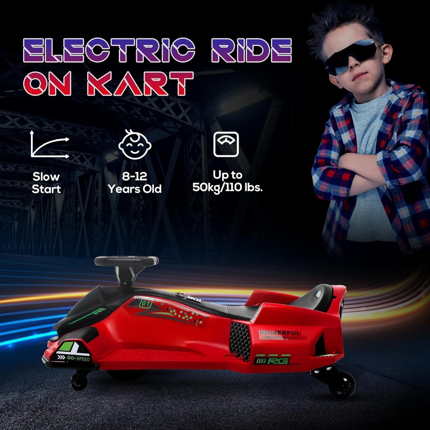 12V Electric Drift Go Kart Kids Ride On Car LED Lights Music 50kg Red