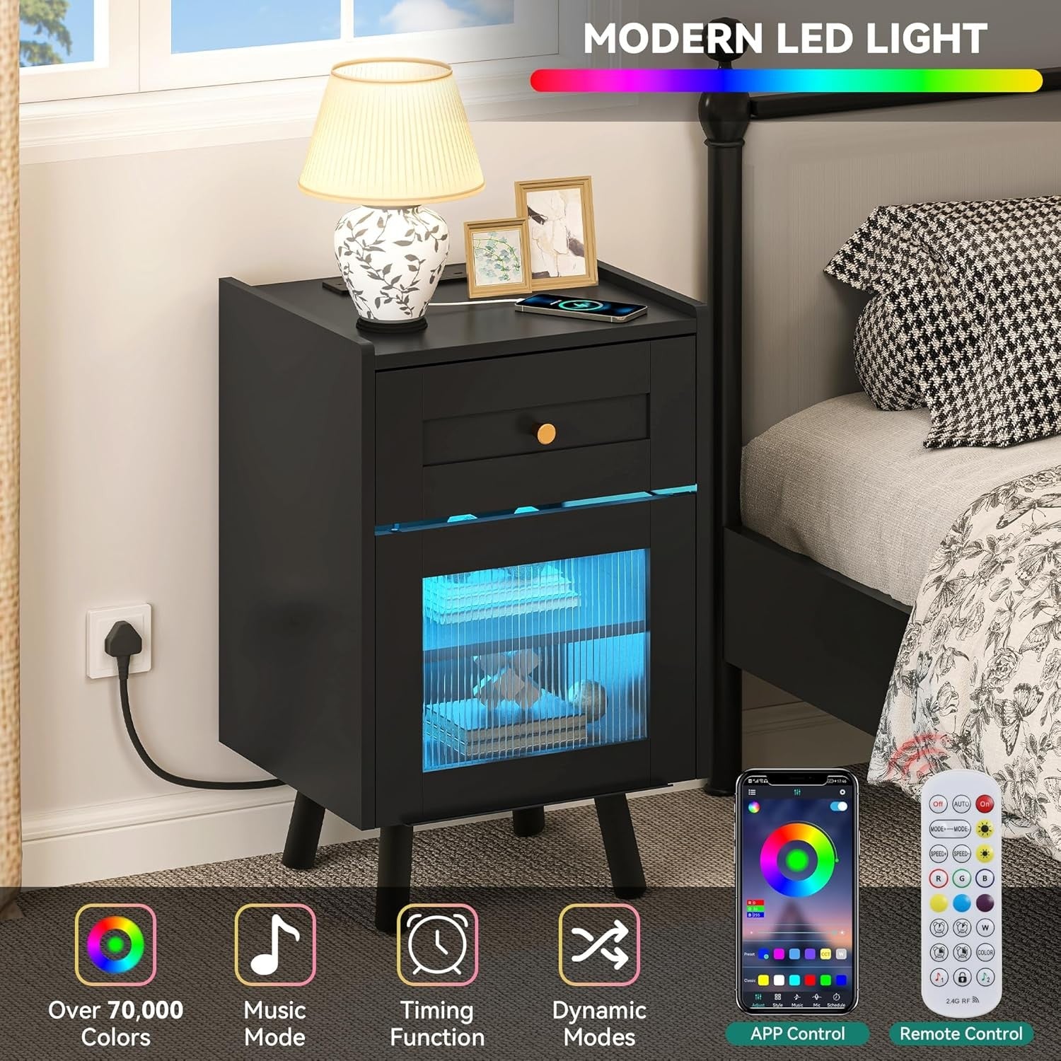 Black LED Bedside Table | Nightstand with Drawer & Adjustable Shelf 40×62cm