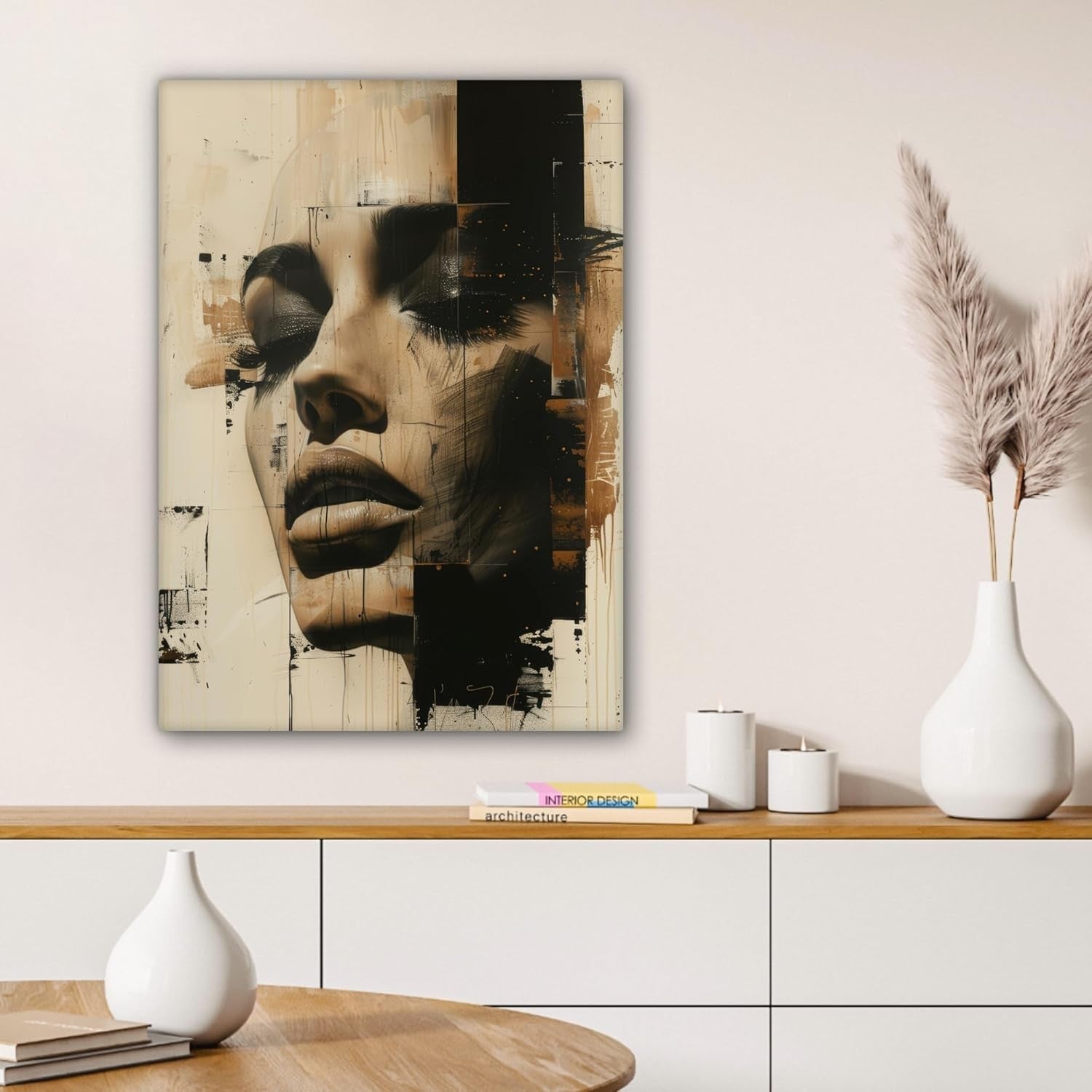 Abstract Woman Canvas Wall Art 50x70cm Beige Modern Framed