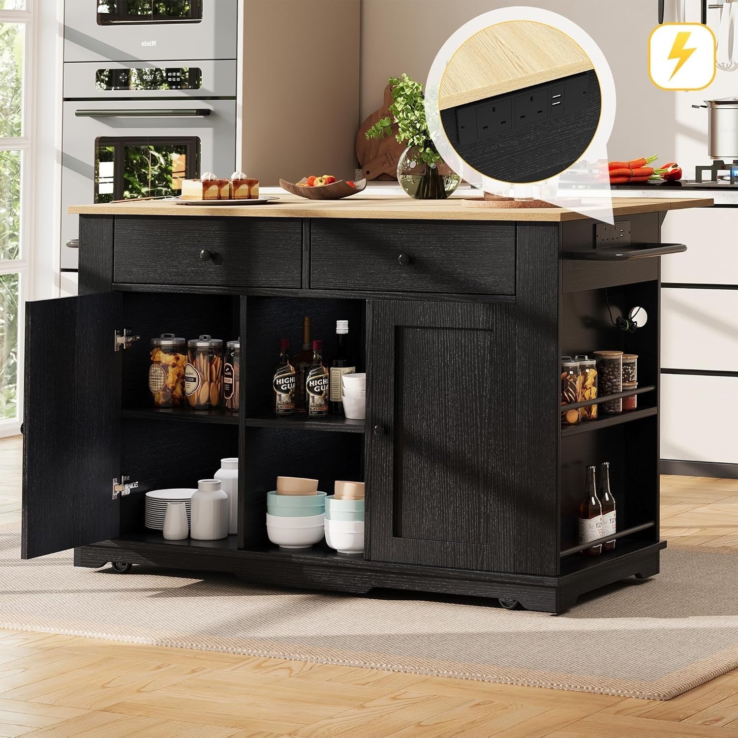 Kitchen Island Trolley with Foldable Side & Drawers Black 151.5x84.7x91.7cm