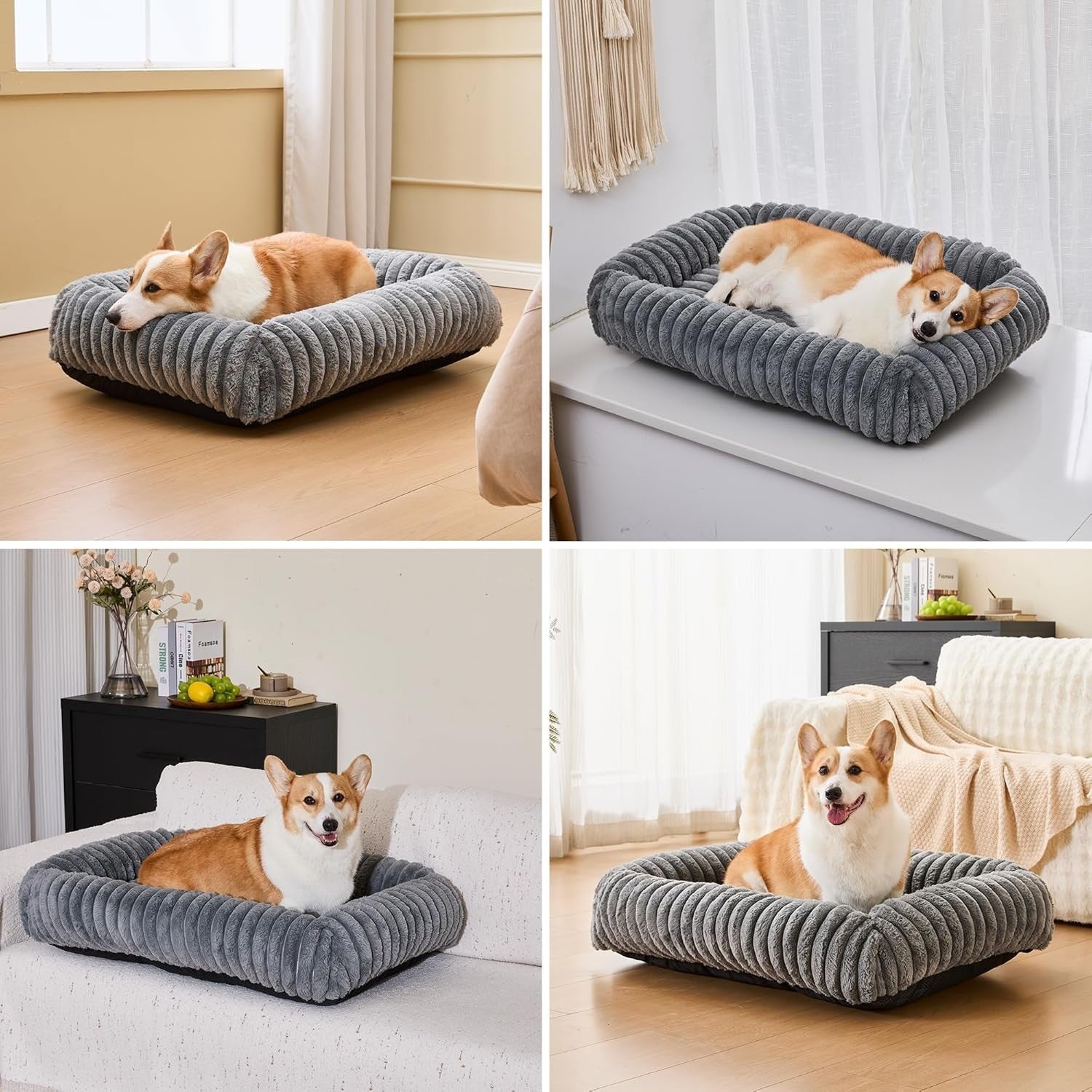 XL Orthopedic Dog Bed 35x25in Washable Furry Sofa Grey