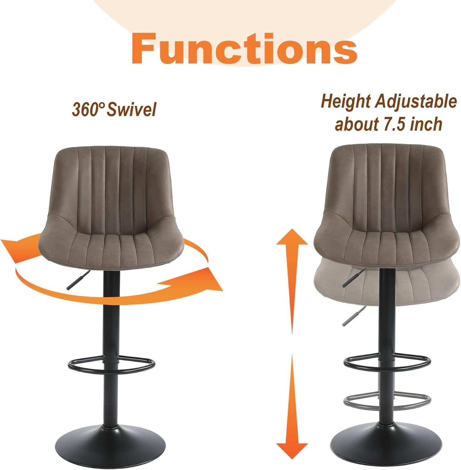 Brown Adjustable Swivel Bar Stools Set of 2 PU Counter Chairs