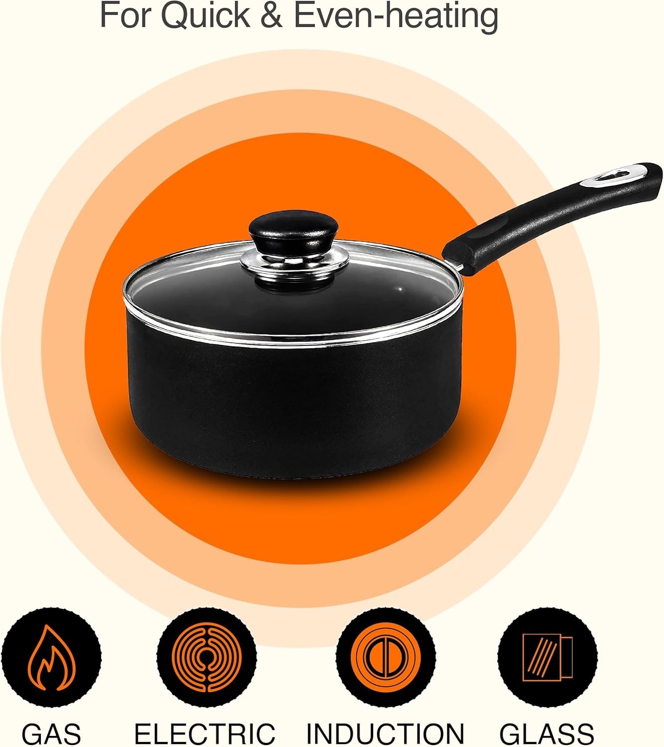 18cm Black Non-Stick Saucepan with Glass Lid, 2L Induction Milk Pan