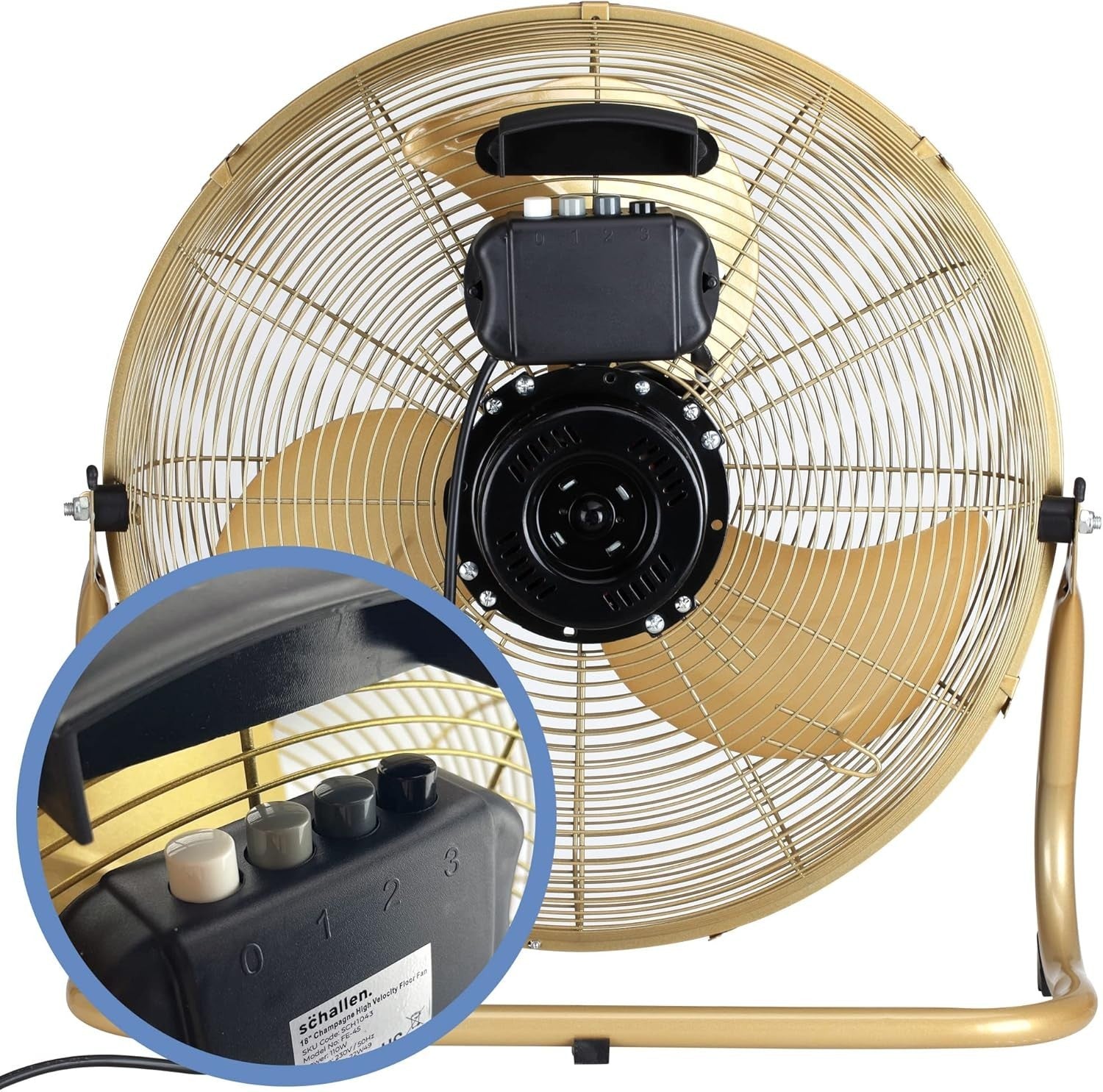 18-Inch Metal Floor Fan – Gold 3-Speed High Velocity Adjustable Airflow Fan
