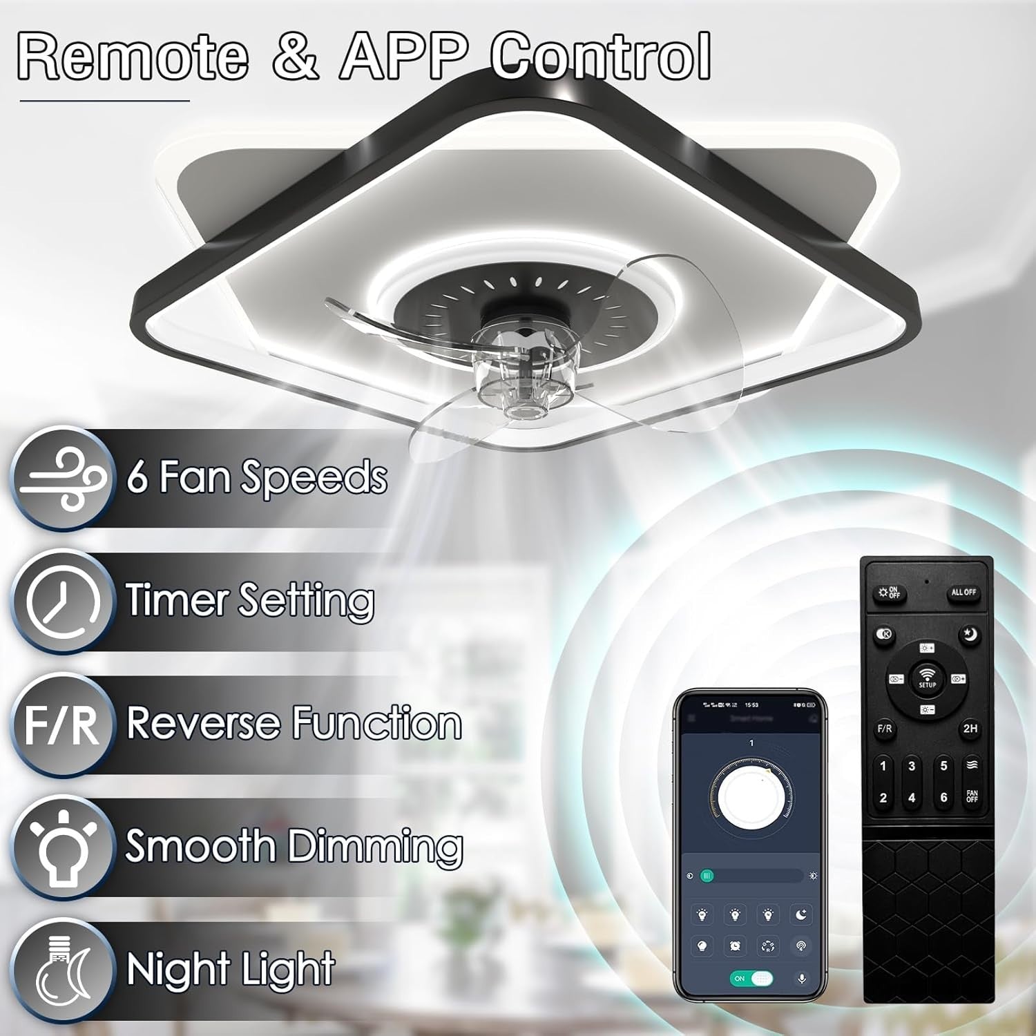 Low Profile Ceiling Fan, Dimmable 3000-6000K, 6 Speeds