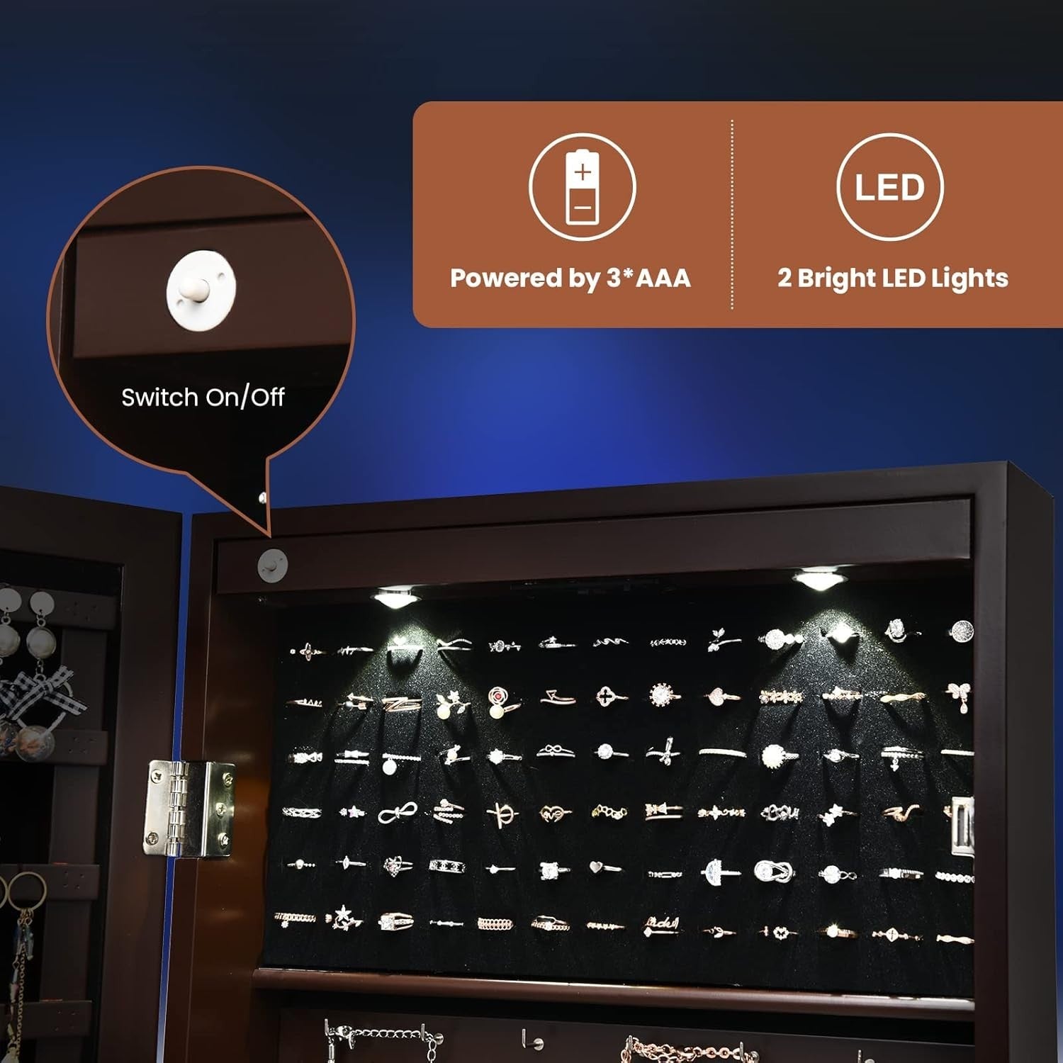 Wall-Mounted Jewelry Cabinet with LED Lights & Full-Length Mirror