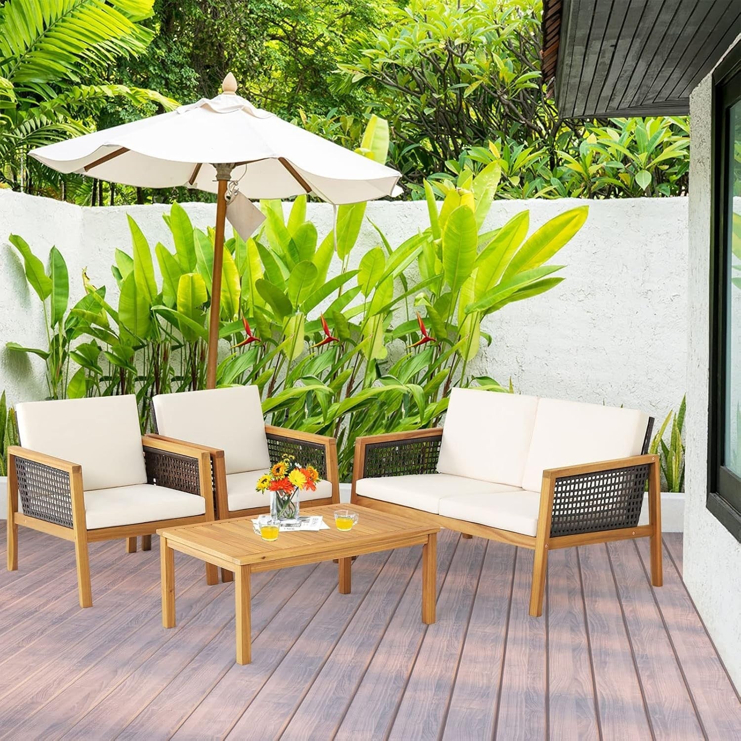 4PC Outdoor Rattan Sofa Set Wooden Patio Lounge Chairs Table Cushioned