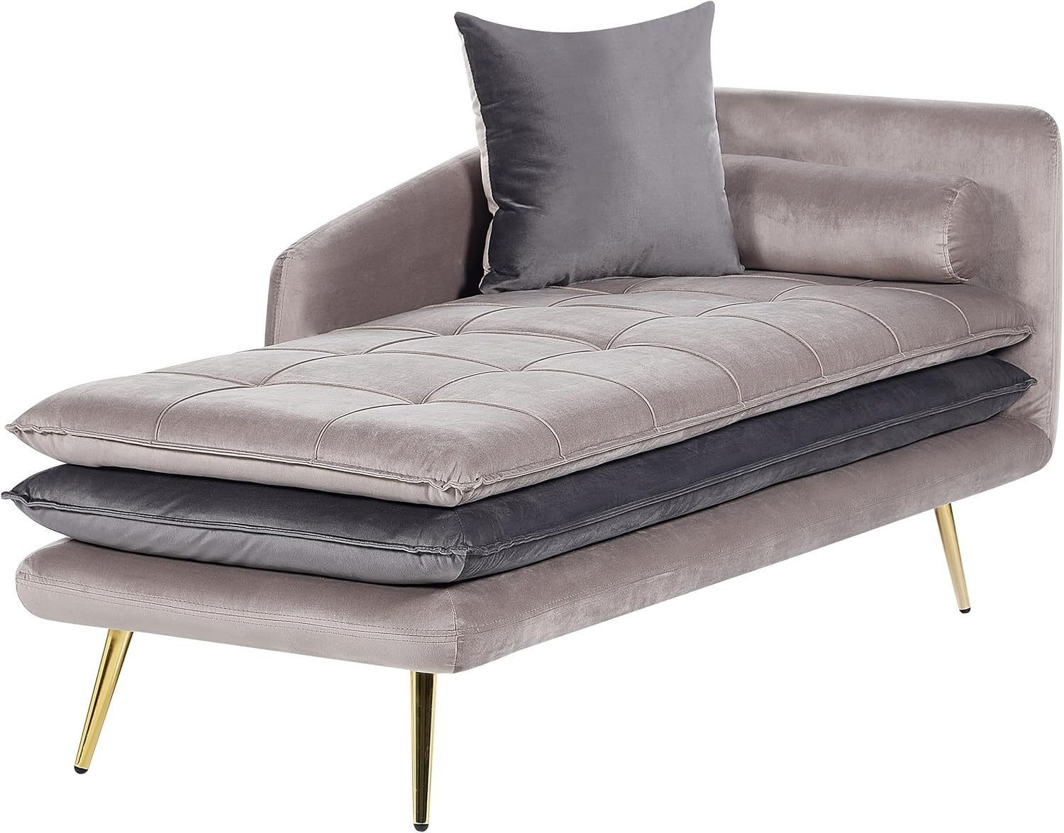 Velvet Chaise Lounge Sofa Beige Tufted Thick Padding | Comfy Right-Hand Seat