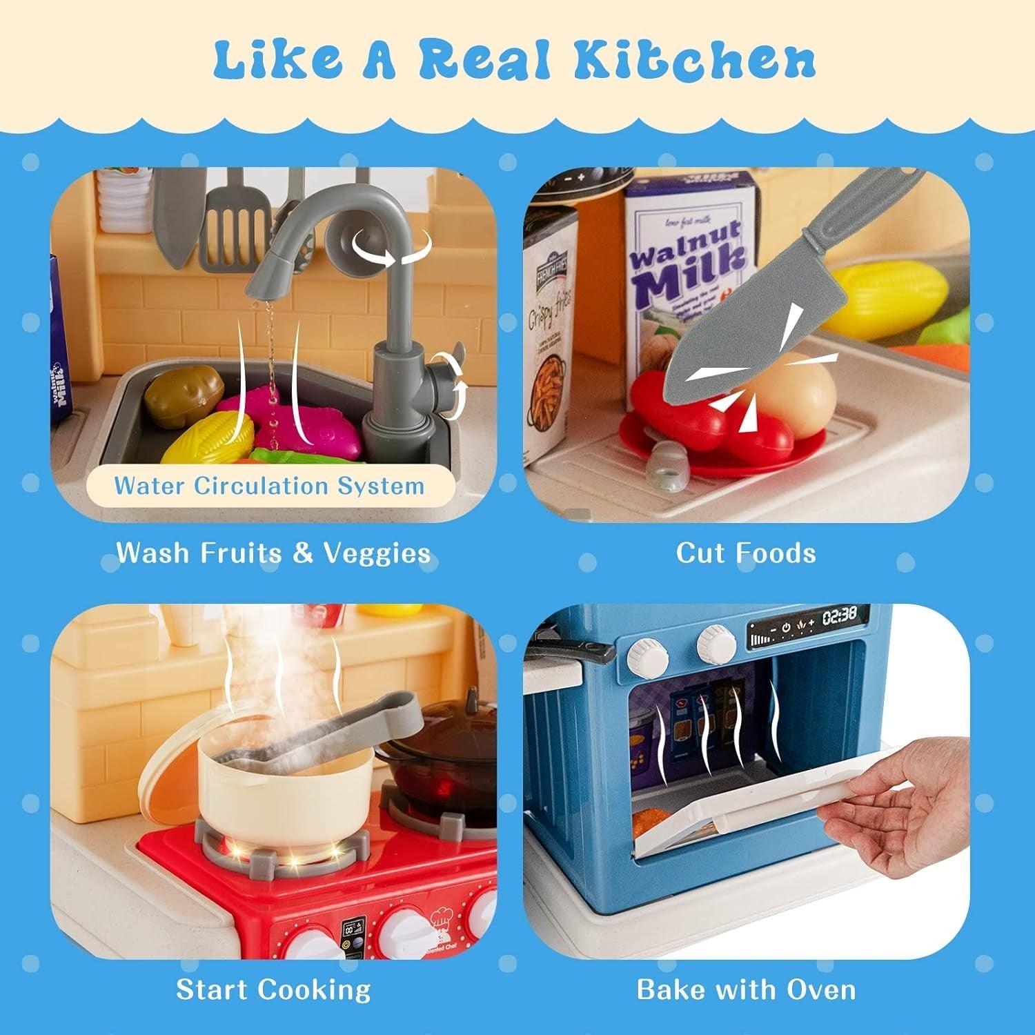 Kids Kitchen Playset w/ 69PCS Lights Sounds Steam Spray Blue