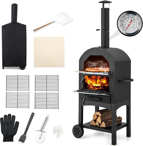 Outdoor Wood Fired Pizza Oven | BBQ Grill w/ Stone, Chimney, Thermometer & Cover